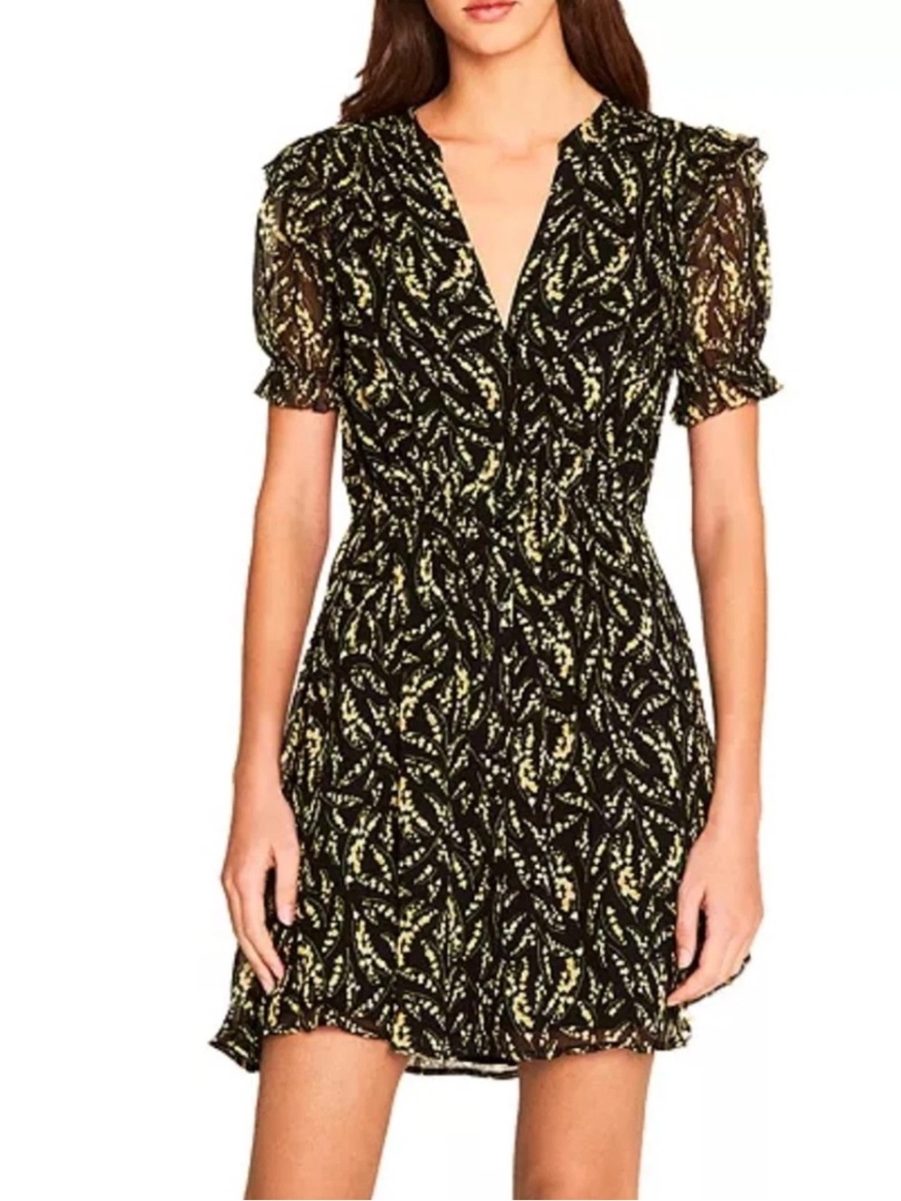Ba&sh Matcha Black Yellow Floral Print XS Mini Dress - V neck - Puff sleeve